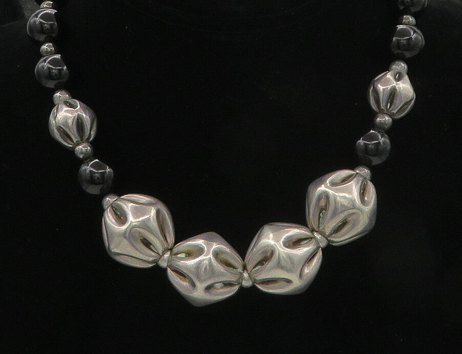 925 Sterling Silver  Vintage Black Onyx Sculpted Bead Chain Necklace  NE2739