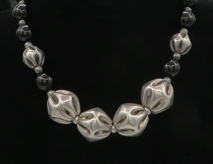925 Sterling Silver  Vintage Black Onyx Sculpted Bead Chain Necklace  NE2739
