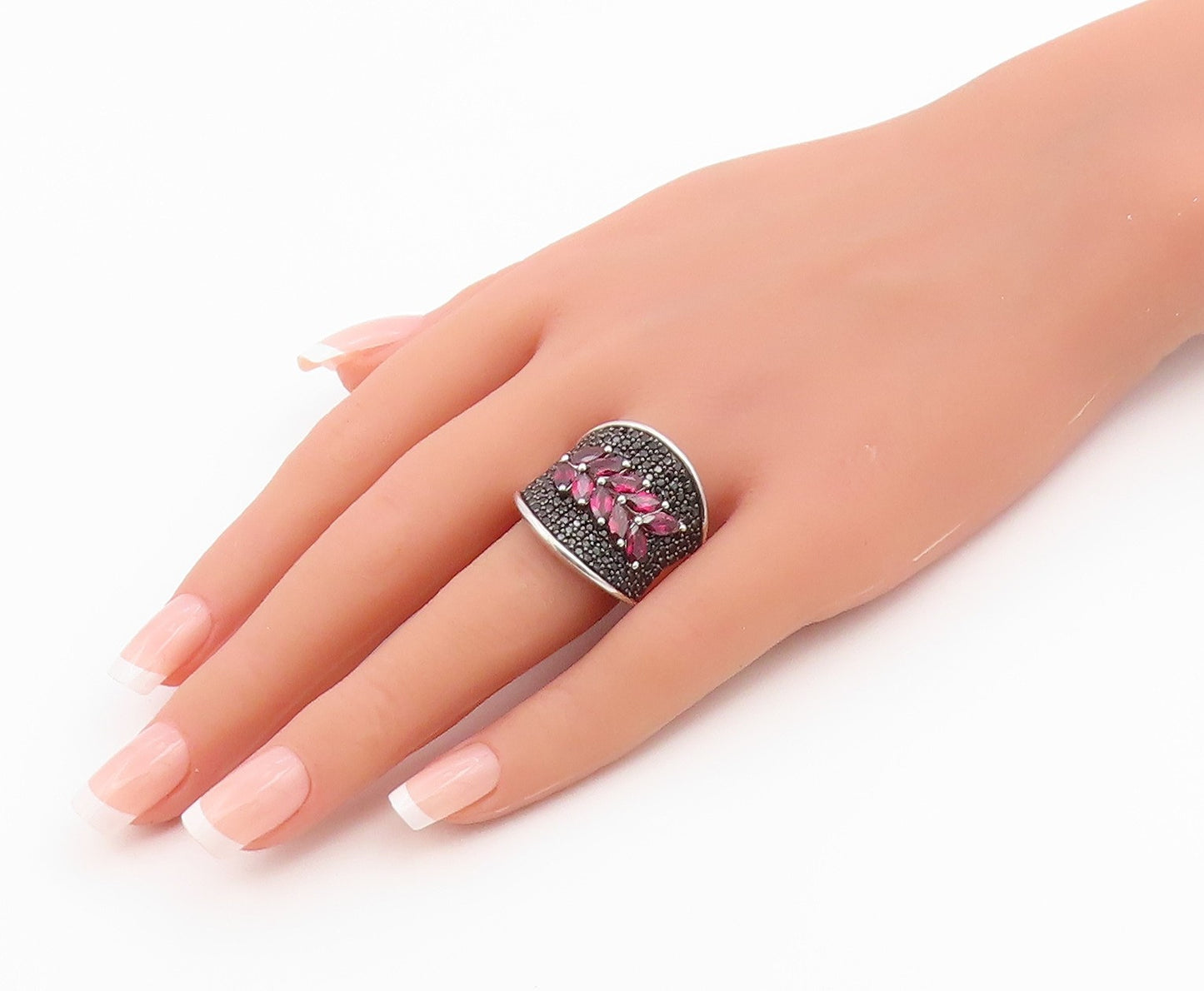 925 Sterling Silver Vintage Ring Garnet & Spinel Floral Band  Sz 11  RG36498