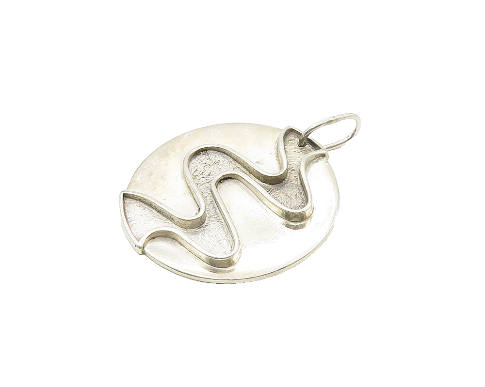 925 Sterling Silver  Vintage Shiny Modernist Swirl Round Pendant  PT13988