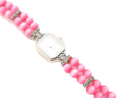 925 Sterling Silver  Beaded Cat's Eye & Marcasite Watch Bracelet  BT1022