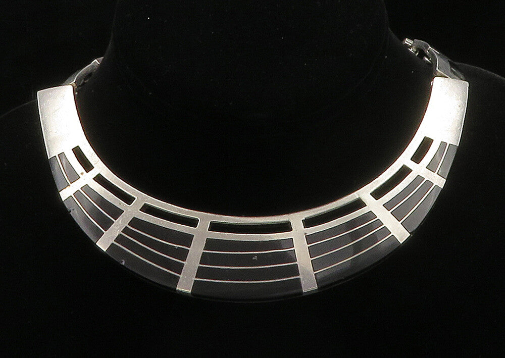 MEXICO 925 Sterling Silver Vintage Inlaid Stone Linked Collar Necklace  NE2603
