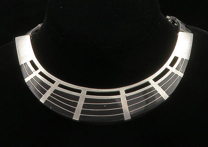 MEXICO 925 Sterling Silver Vintage Inlaid Stone Linked Collar Necklace  NE2603
