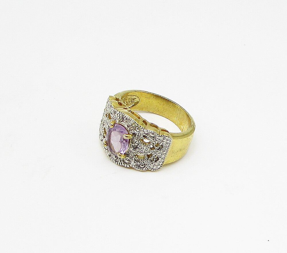 Gold Over 925 Silver  Amethyst & Genuine Diamonds Band Ring Sz 7  RG3205