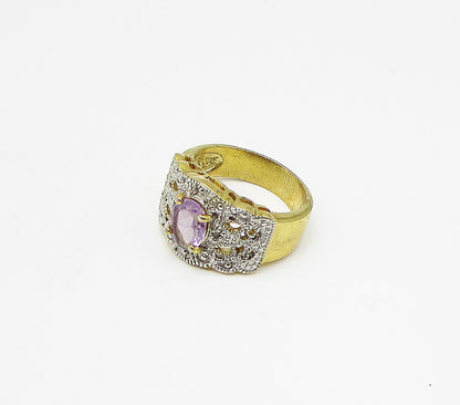 Gold Over 925 Silver  Amethyst & Genuine Diamonds Band Ring Sz 7  RG3205