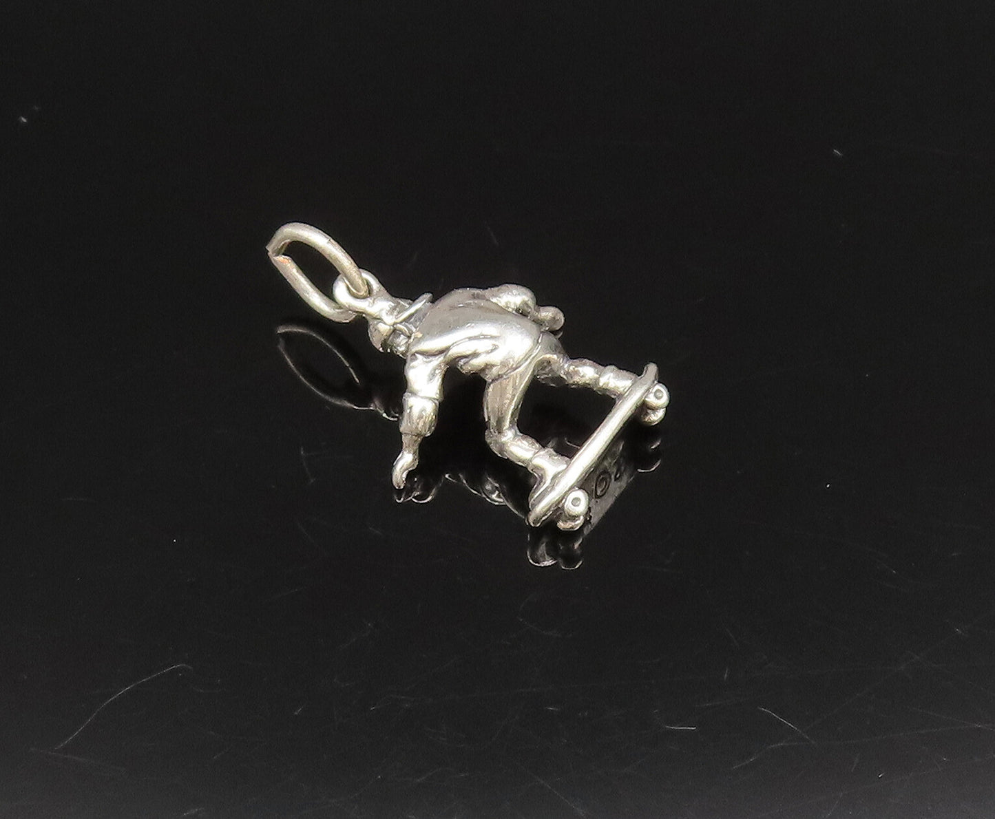 925 Sterling Silver  Vintage Sculpted Man Riding Skateboard Pendant  PT21589