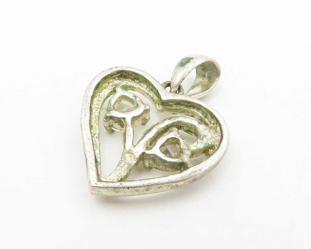 925 Sterling Silver  Vintage Cubic Zirconia Floral Love Heart Pendant  PT10757