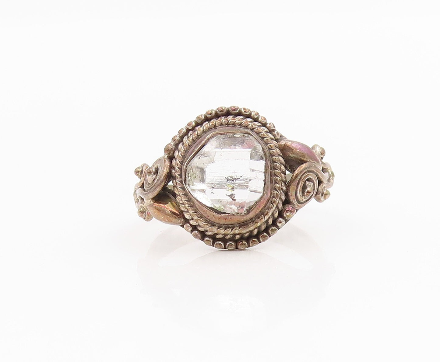 925 Sterling Silver Vintage Ring Crystal Halo Twisted Rope Band  Sz 7  RG34277