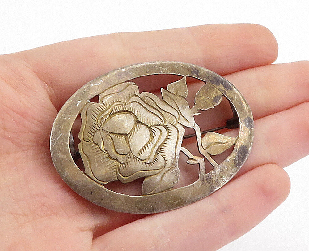 925 Sterling Silver  Vintage Antique Etched Flower Cutout Brooch Pin  BP2563
