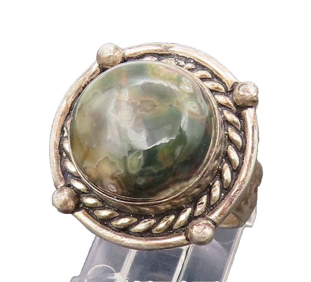 925 Silver  Vintage Green Ocean Jasper Twisted Rope Halo Ring Sz 7  RG26625