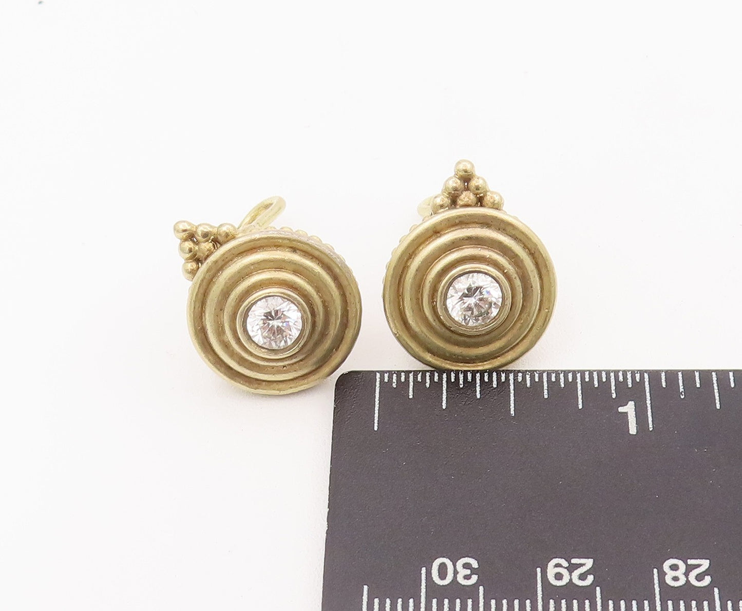 925 Sterling Silver Vintage Earrings Round CZ Halo Carved Rings Beaded  EG12904