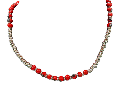 925 Sterling Silver  Vintage Red Enamel Beaded Pattern Chain Necklace  NE3652