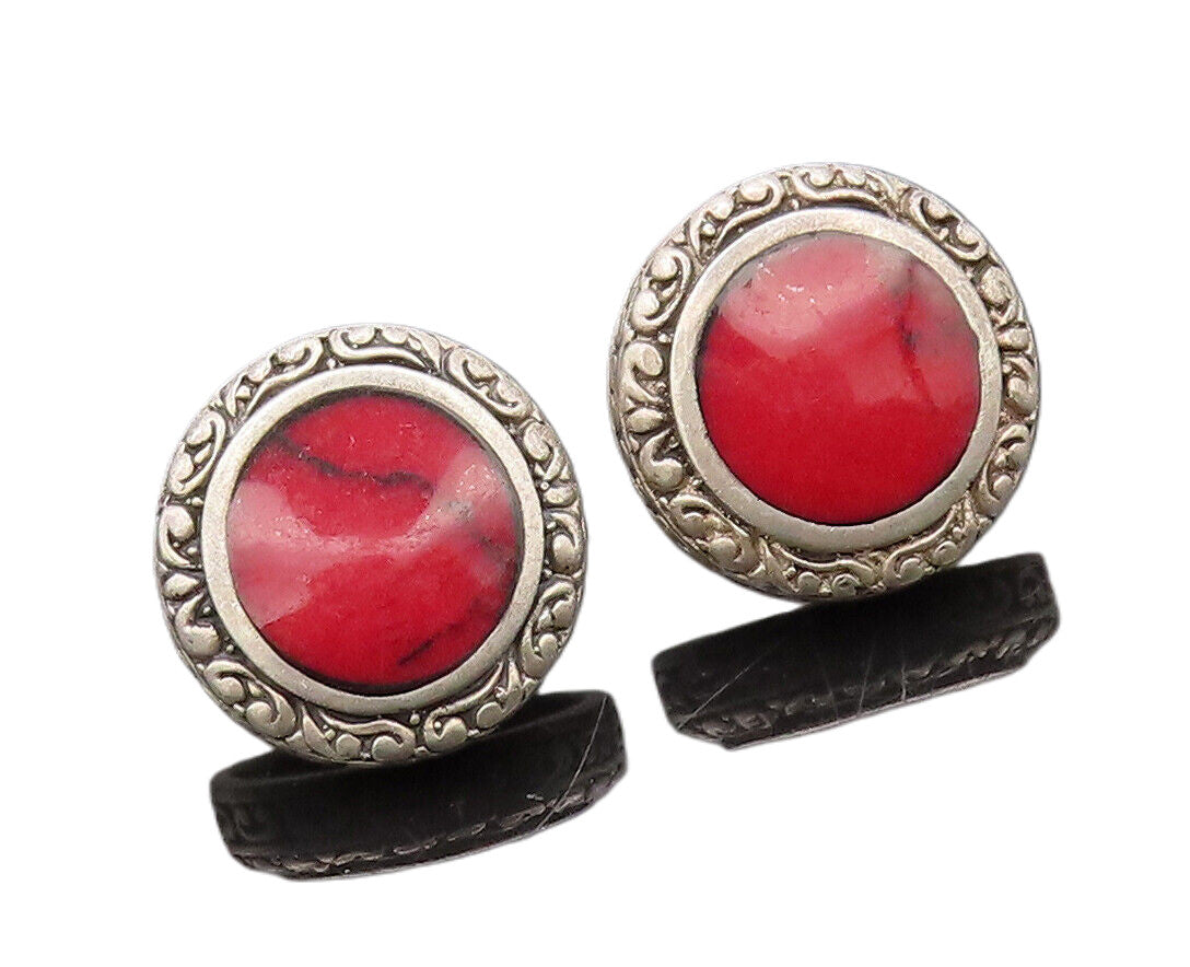 MEXICO 925 Silver  Vintage Red Enameled Swirly Carved Round Earrings  EG12731