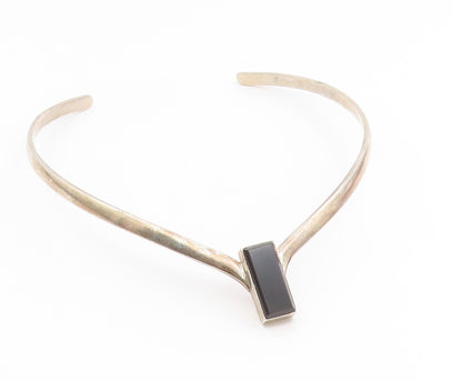 925 Sterling Silver Vintage Necklace MEXICO Modernist Black Onyx Choker  NE4809