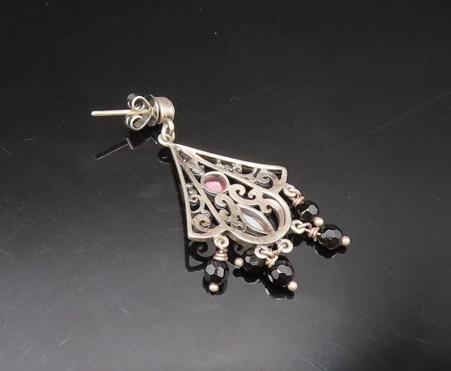 925 Silver  Vintage Mother Of Pearl & Spinel Beads Scroll Earrings  EG11745