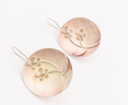 925 Sterling Silver Vintage Earrings Solid Round Plate Carved Flowers   EG13042