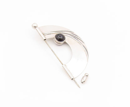 925 Sterling Silver Vintage Brooch Pin Round Cabochon Onyx & Carnelian  BP12431