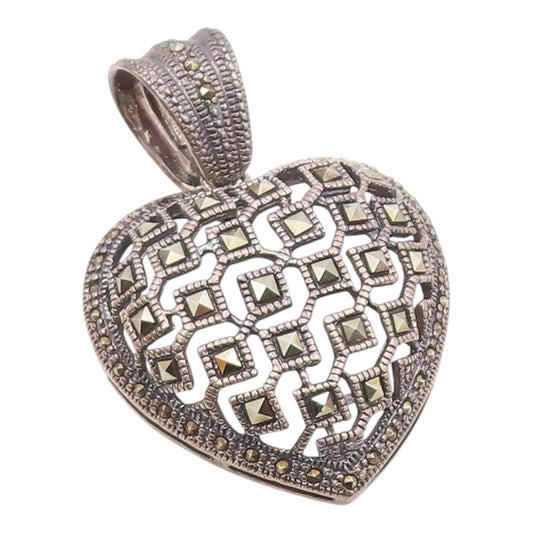 925 Sterling Silver  Vintage Sparkling Marcasite Love Heart Pendant  PT7820