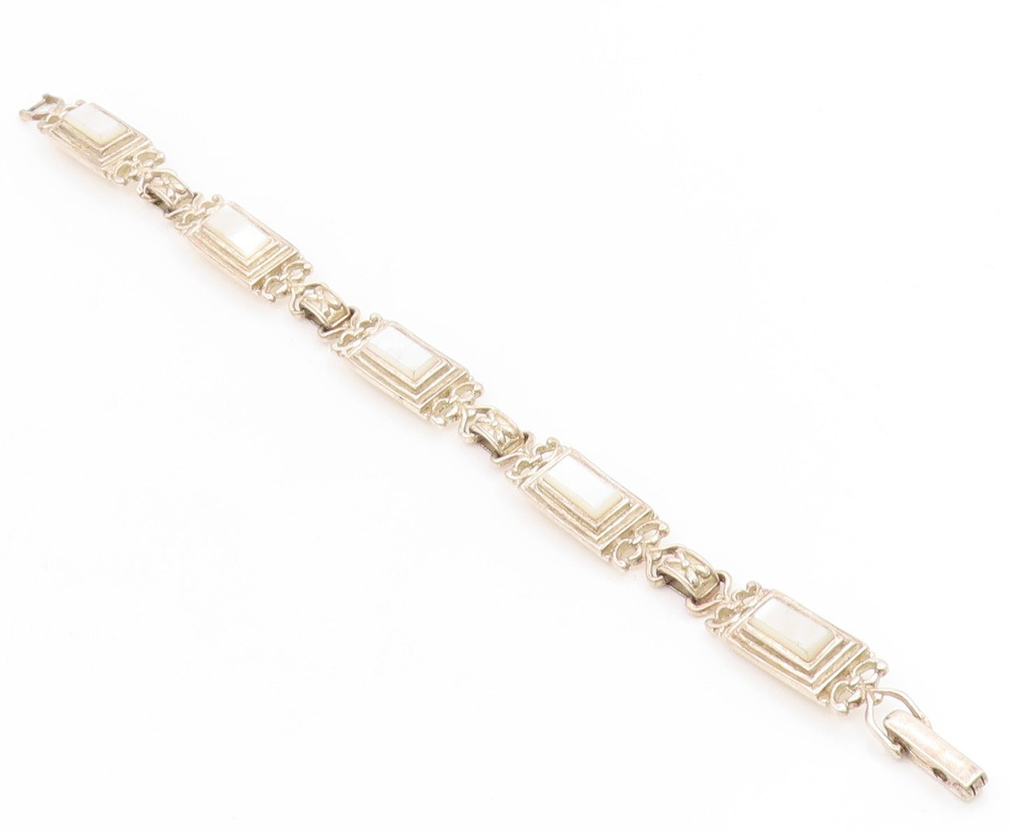 925 Sterling Silver Vintage Bracelet Mother Of Pearl Geometric Panel  BT11933