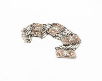 MEXICO 925 Silver  Vintage Antique Floral Dome Detail Chain Bracelet  BT7278