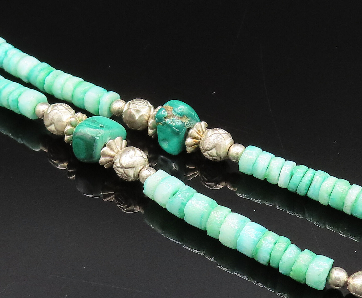 925 Silver  Vintage Two Strand Malachite & Floral Beads Necklace  NE4012