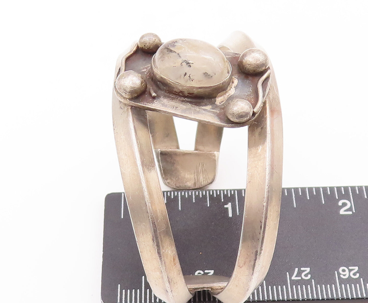 925 Sterling Silver Vintage Bracelet Antique Milky Cabochon Cutout Cuff  BT10524
