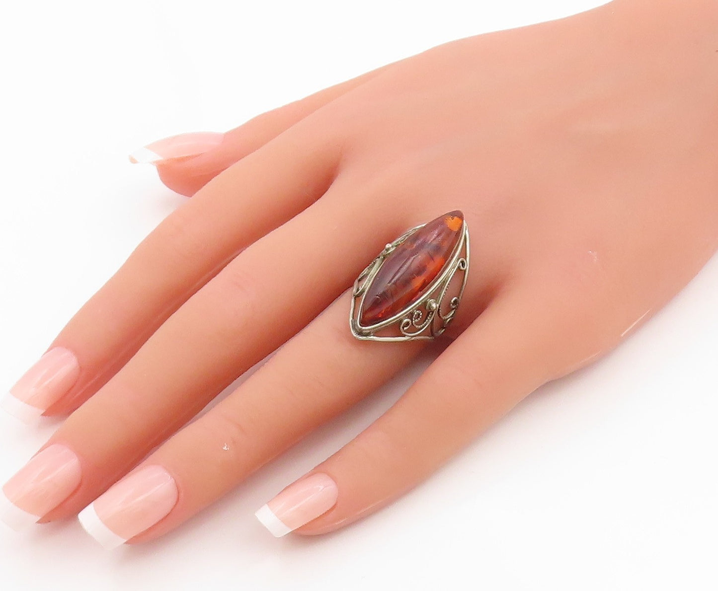 925 Sterling Silver Vintage Ring Cabochon Honey Amber Scroll Band  Sz 8  RG35945