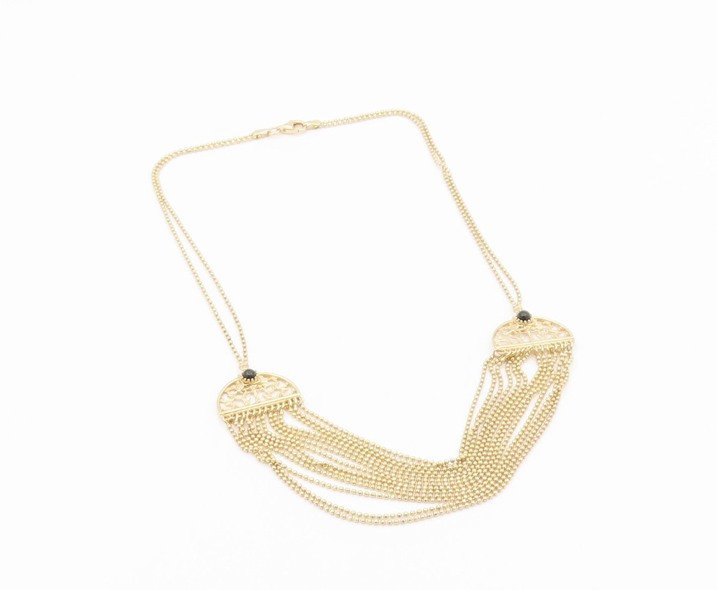 925 Silver Vintage Black Onyx Gold Plated Multi Strand Chain Necklace NE3422