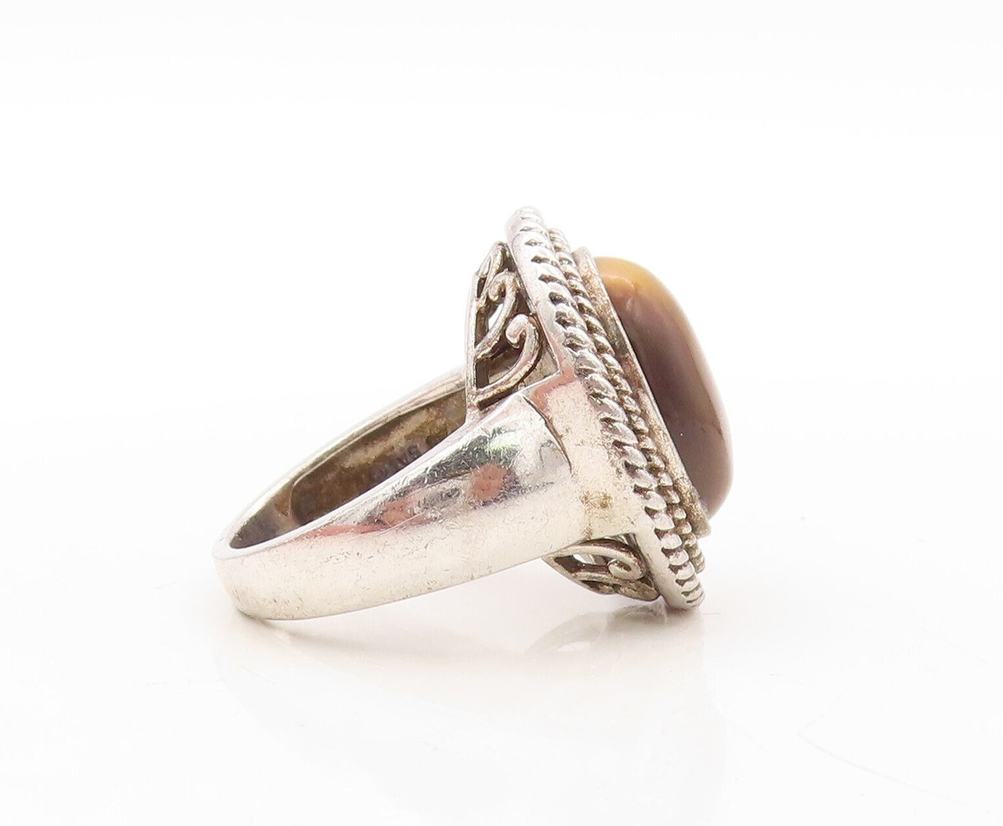 925 Sterling Silver Vintage Ring Tigers Eye Halo Twisted Rope  Sz 7.5  RG31071