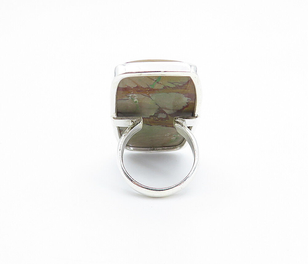 925 Sterling Silver  Brown Jasper Full Finger Shiny Cocktail Ring Sz 7  RG8044