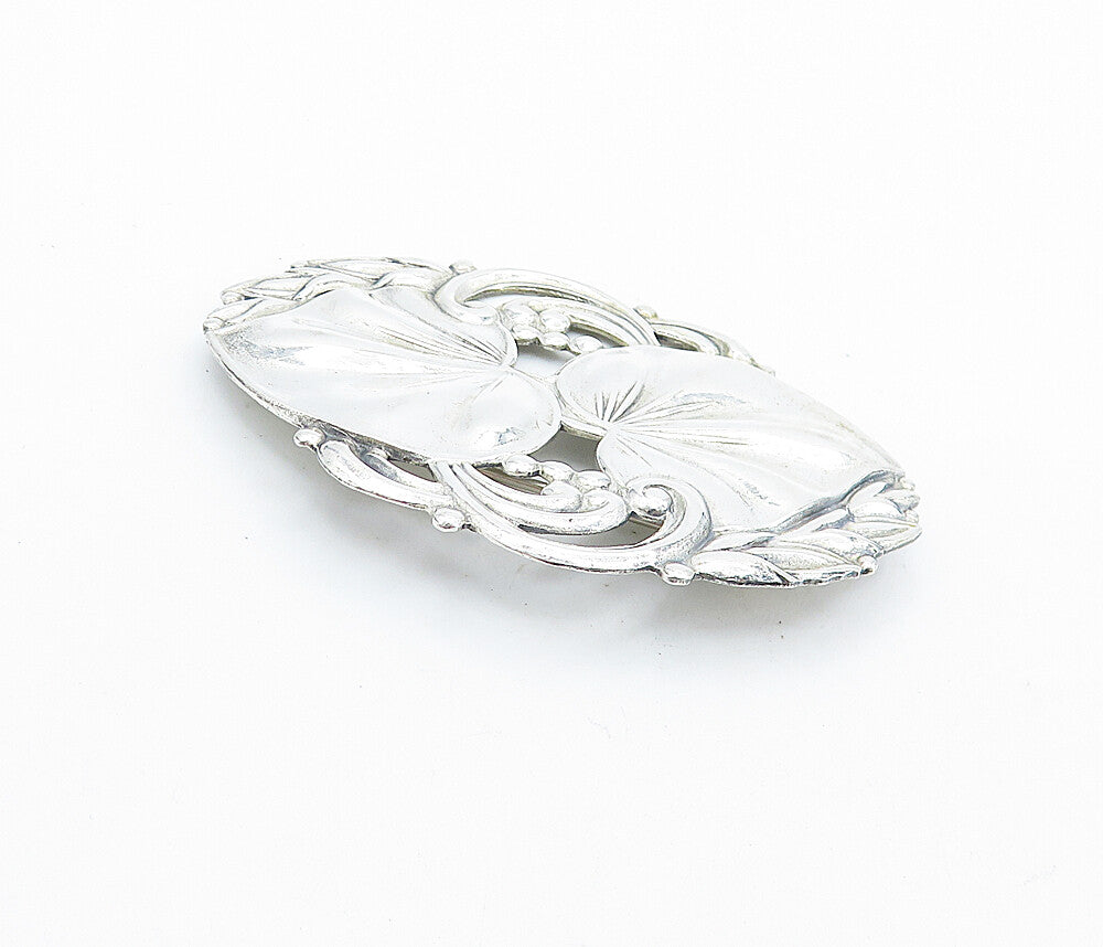 925 Sterling Silver  Vintage Shiny Love Heart Floral Leaf Brooch Pin  BP2535