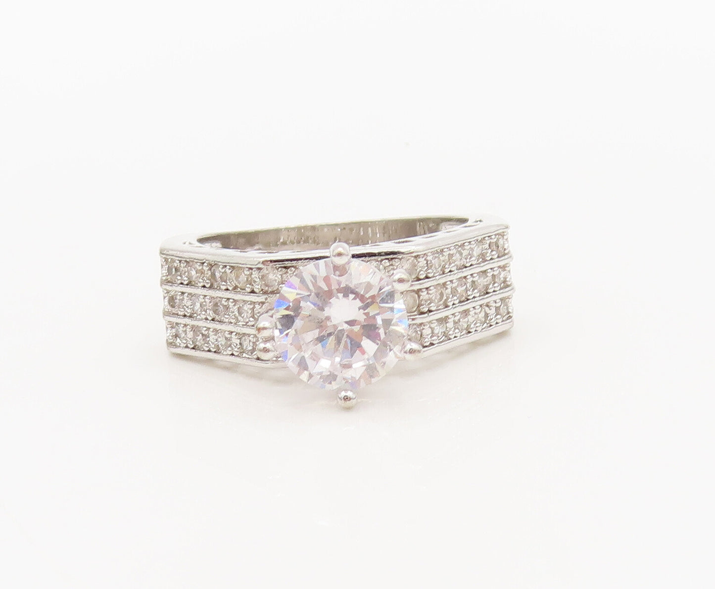 925 Sterling Silver  Vintage 3 Band & Main Stone CZ Wedding Ring Sz 8  RG27164