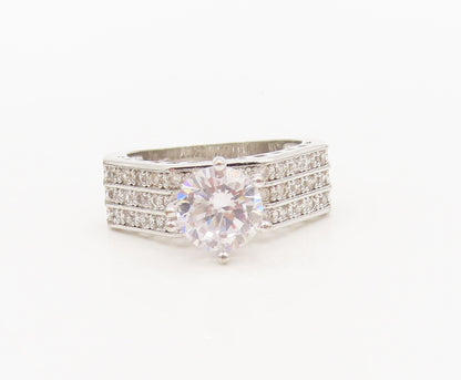 925 Sterling Silver  Vintage 3 Band & Main Stone CZ Wedding Ring Sz 8  RG27164