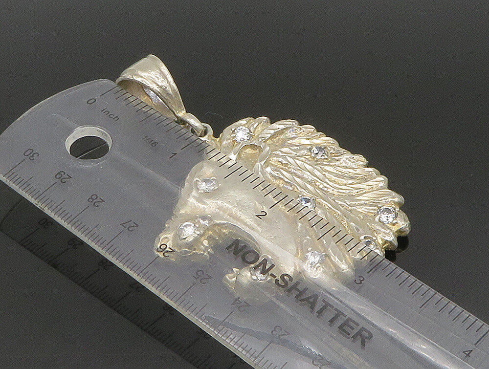 925 Silver  Vintage Carved Roaring Lion Head Cubic Zirconia Pendant  PT20394