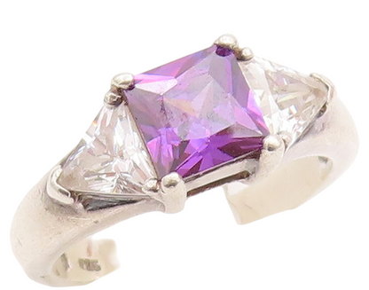 925 Sterling Silver Vintage Ring Square Cut Amethyst Triangle CZ  Sz 6  RG28764