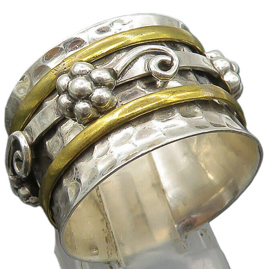 925 Sterling Silver  Vintage 2 Tone Hammered Floral Band Ring Sz 10  RG23761
