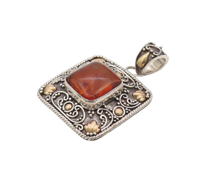 18k GOLD & 925 Silver  Vintage Square Bali Swirly Amber Pendant  PT22173