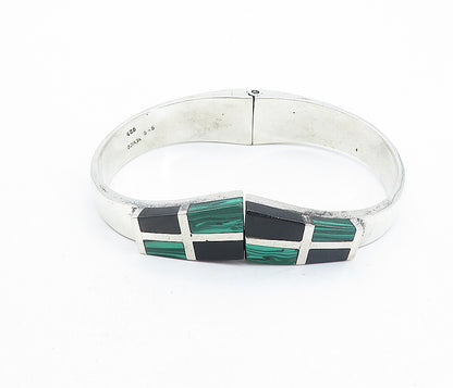 MEXICO 925 Sterling Silver  Vintage Malachite & Onyx Bangle Bracelet  BT1456