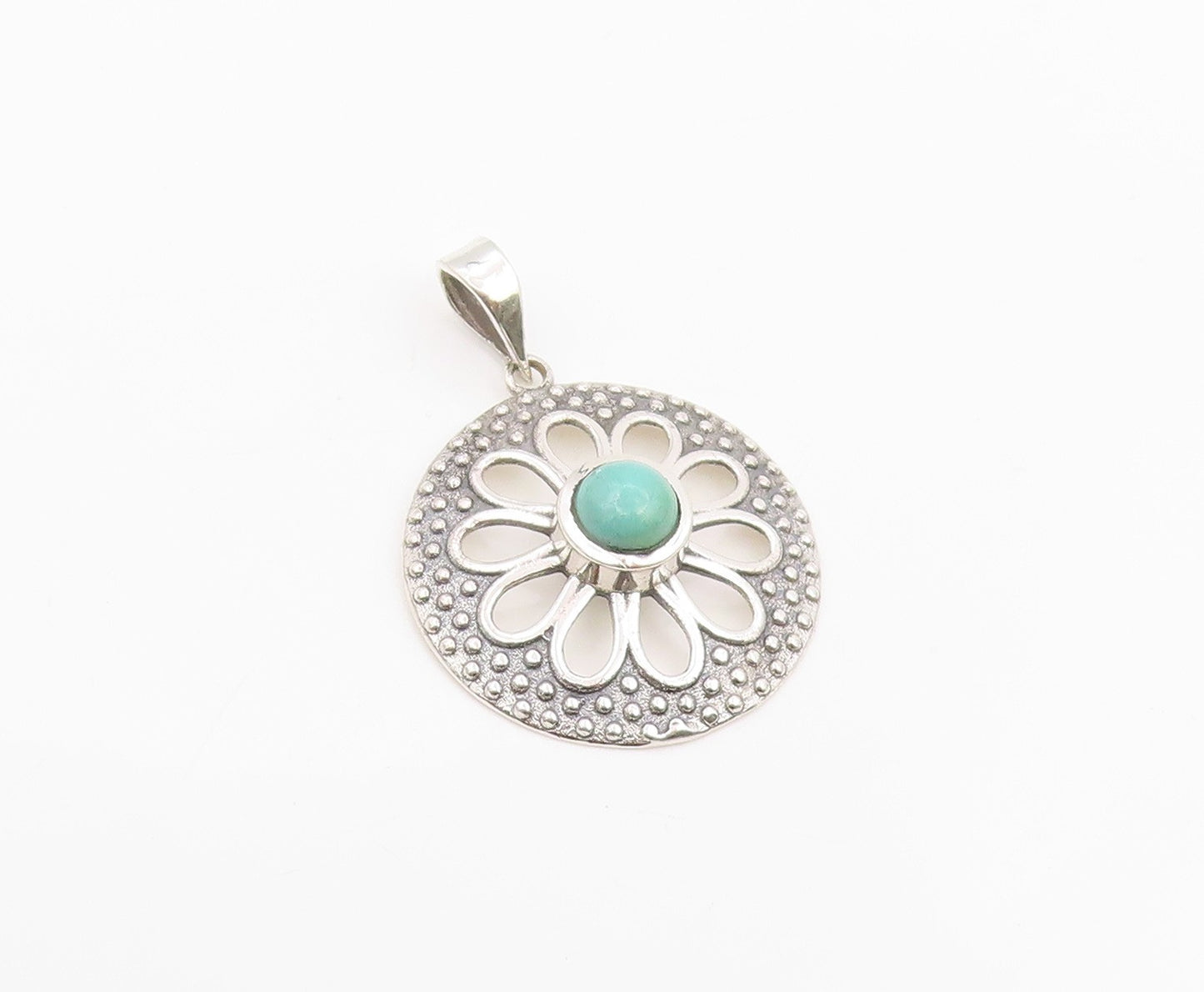 925 Sterling Silver Vintage Pendant Round Turquoise Floral Cutout Charm  PT25984
