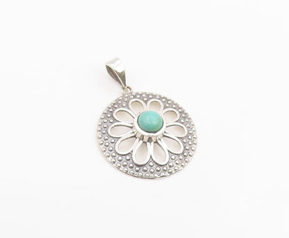 925 Sterling Silver Vintage Pendant Round Turquoise Floral Cutout Charm  PT25984