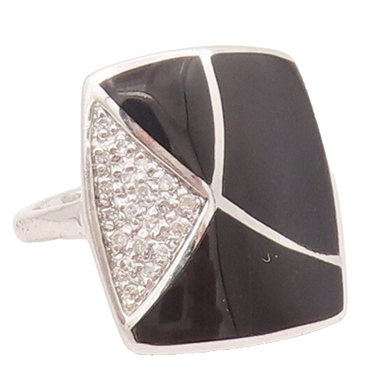 925 Sterling Silver Vintage Ring Rectangle Inlay Onyx CZ  Sz 6 RG28008