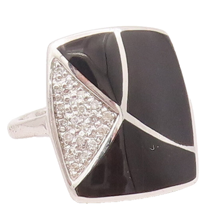 925 Sterling Silver Vintage Ring Rectangle Inlay Onyx CZ  Sz 6 RG28008