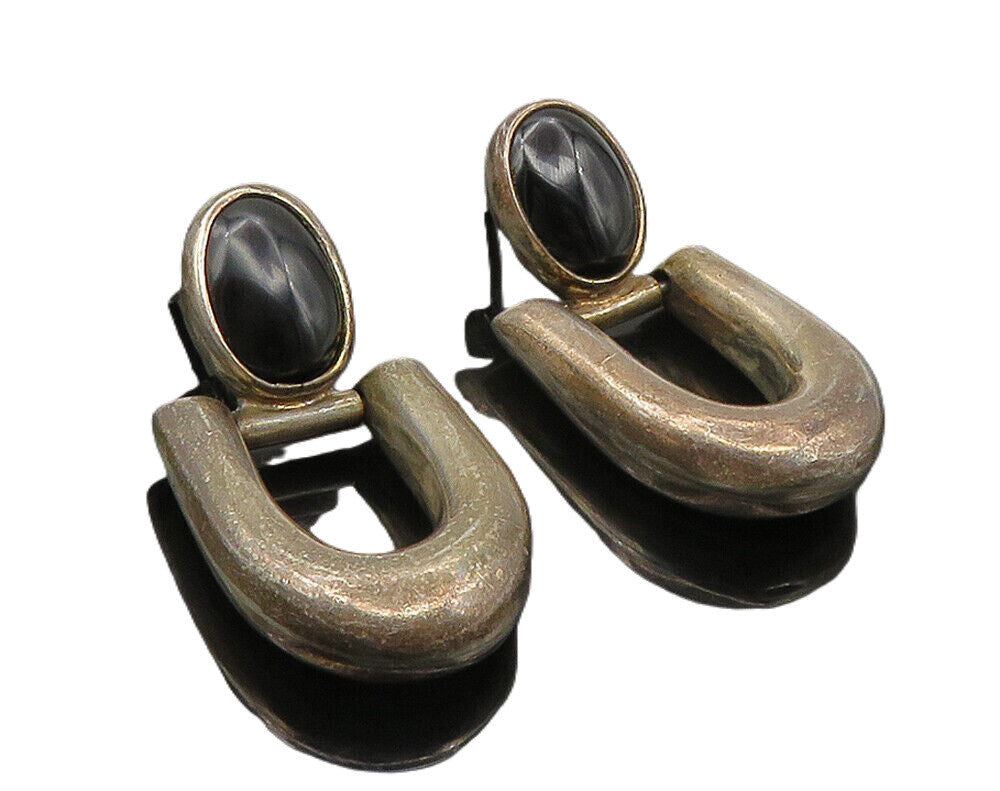 MEXICO 925 Sterling Silver  Vintage Black Onyx Hinge Drop Earrings  EG5230
