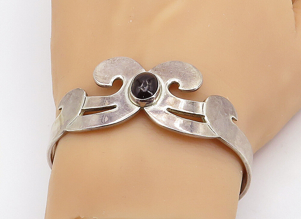 MEXICO 925 Sterling Silver Vintage Black Onyx Swirl Cuff Bracelet BT1379