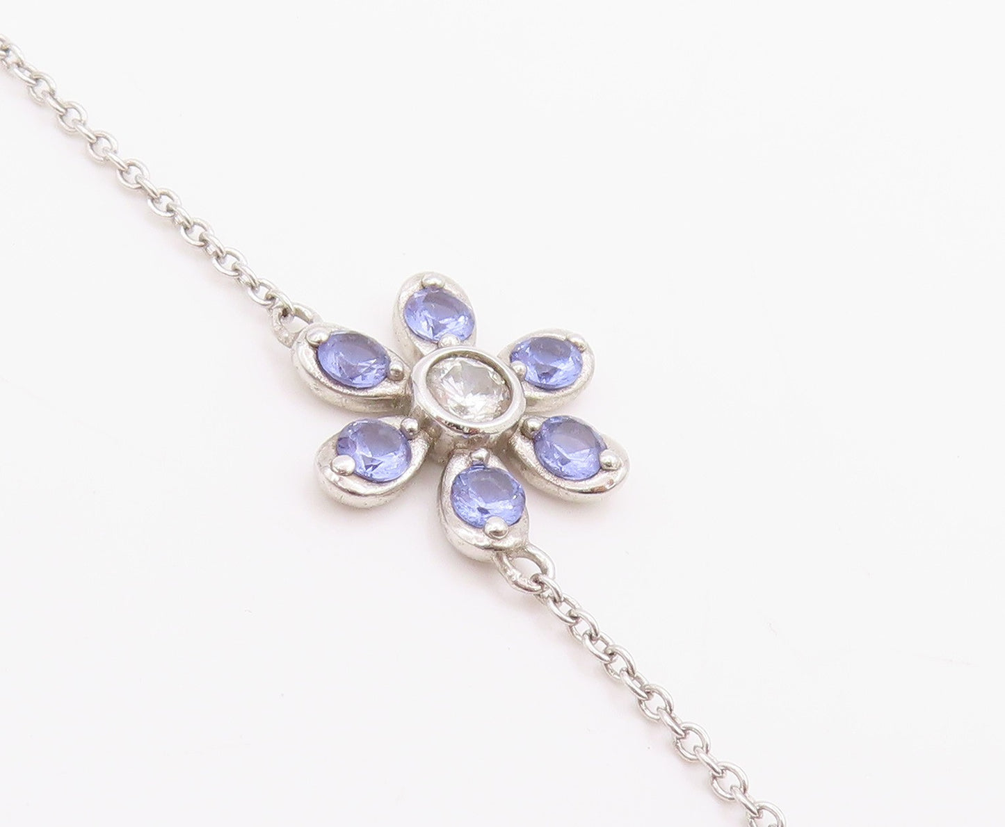 925 Sterling Silver Vintage Necklace Tanzanite & CZ Daisy Floral Chain   NE4628