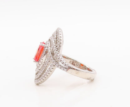 925 Sterling Silver Vintage Ring Designer Cutout Orange & White CZ Sz 7  RG30030