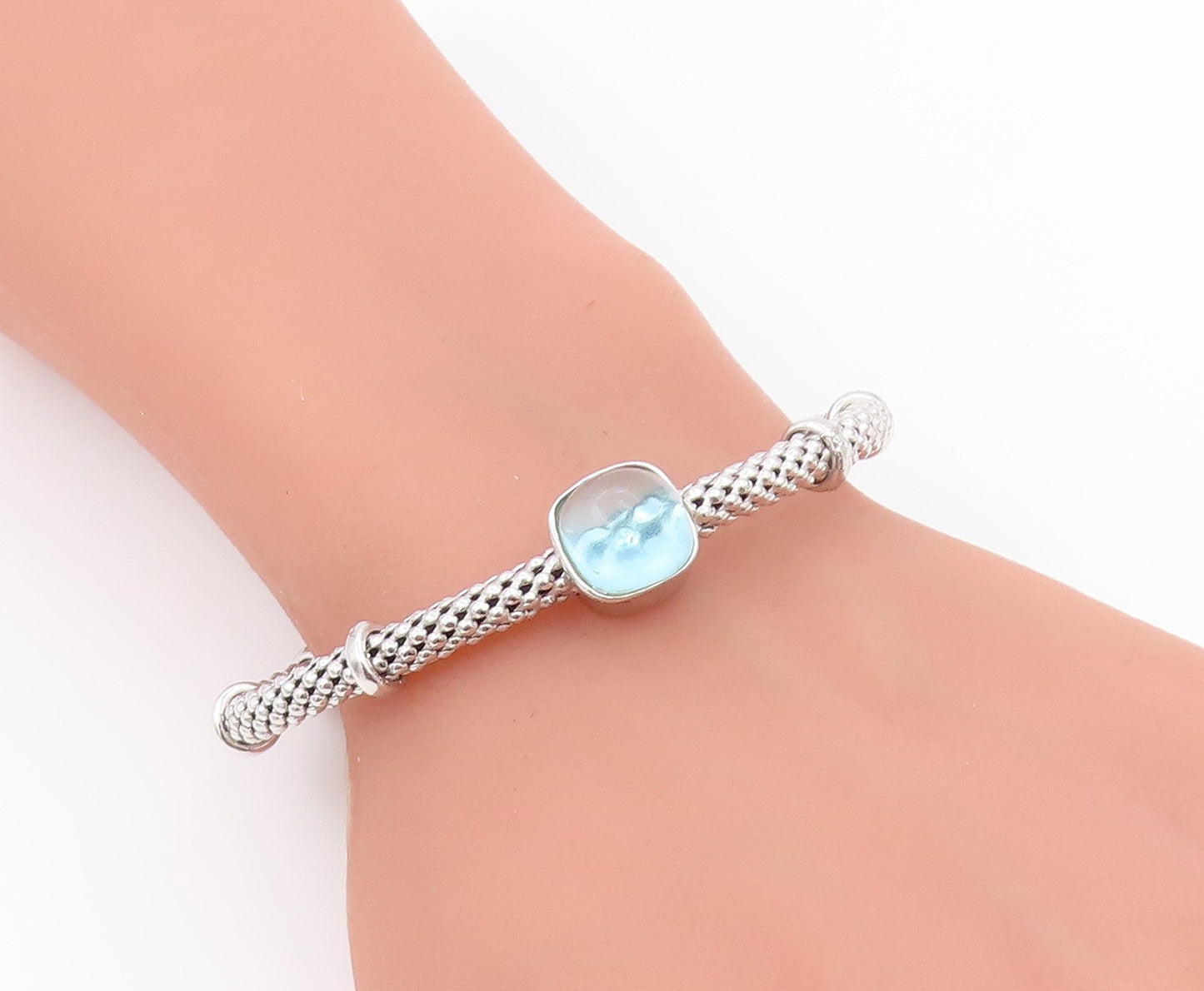 925 Sterling Silver Vintage Bracelet Modernist Gemstone Woven Mesh Cuff  BT12167