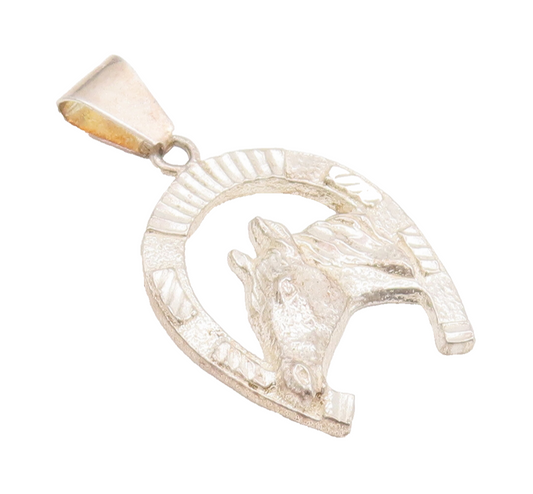 925 Sterling Silver Vintage Pendant Cutout Horse Face Framed Horse Shoe  PT22777