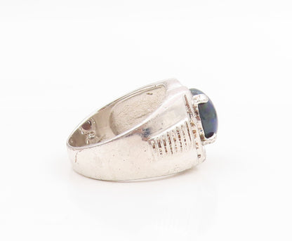 925 Sterling Silver Vintage Ring Oval Opal & Halo CZ Geometric Band Sz 7 RG33925