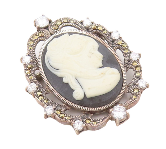 925 Sterling Silver Vintage Brooch Pin Marcasite & CZ Framed Cameo  BP11157